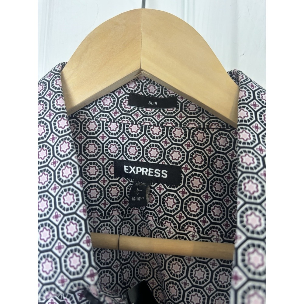 Express Slim Shirt Men's L (16-16 1/2) Black Purple Geometric Long Sleeve NEW - Picture 2 of 10